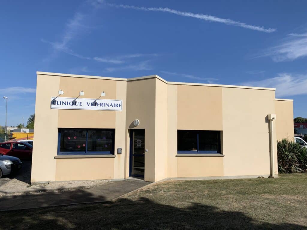 Façade d'une Clinique Vétérinaire moderne, avec un panneau blanc affichant le nom en bleu et des empreintes de pattes sur les fenêtres. Ciel bleu clair.