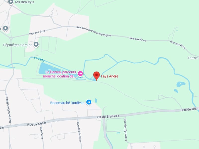 Fays André : Carte et Accès près du parcours de Mouche Carte montrant l'emplacement de Fays André près de la rivière Le Betz et du parcours de mouche Le Danica, avec rues mentionnées : César, Curie, Bransles.